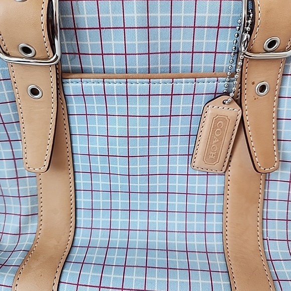 Coach Plaid Tote Bag in Tan and Blue Preppy COACH Hampton M2J-7579 Spring Purse - Picture 3 of 16
